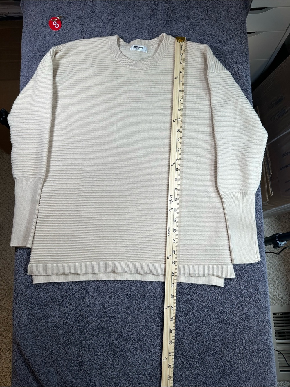 Zeagoo Women’s Sweater Small Cream Ribbed Knit Crewneck Drop Shoulder Tunic